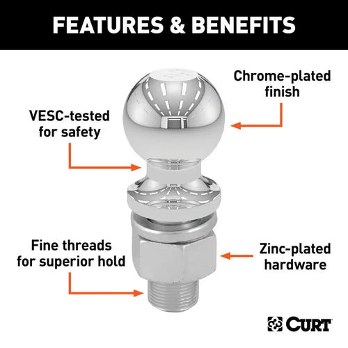 Curt 1-7/8 Trailer Ball (3/4 x 2-1/8 Shank, 2,000 lbs., Chrome, Packaged)