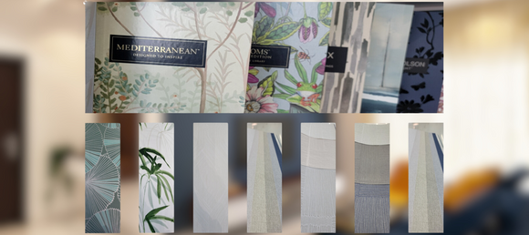 Image showing a collection of wallpaper patterns. The top row features designs from various collections, including a Mediterranean-inspired botanical pattern, a whimsical floral design with frogs, and abstract geometric shapes. The bottom row showcases close-up views of individual wallpaper samples with leaf, bamboo, and textured stripe motifs in muted tones of gray, white, and green.