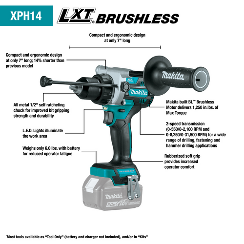 Makita 18V LXT® Lithium‑Ion Brushless Cordless 1/2 Hammer Driver‑Drill, Tool Only