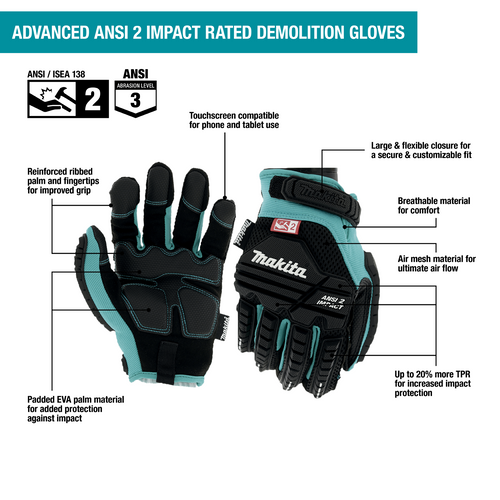 Makita Advanced ANSI 2 Impact‑Rated Demolition Gloves
