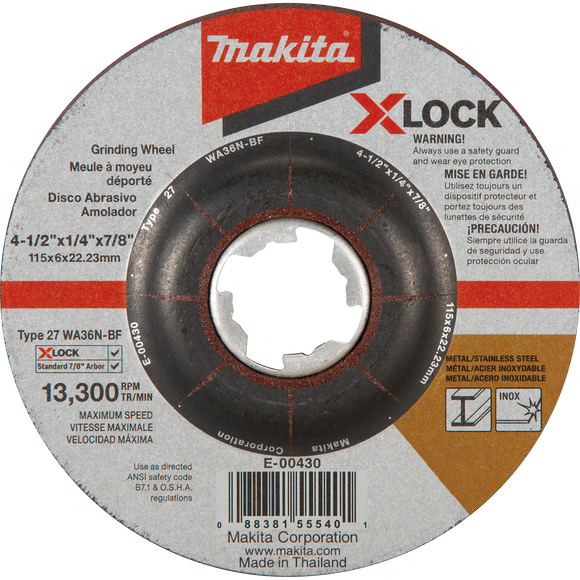 Makita X‑LOCK Type 27 General Purpose 36 Grit Abrasive Grinding Wheel for Metal & Stainless Steel Grinding