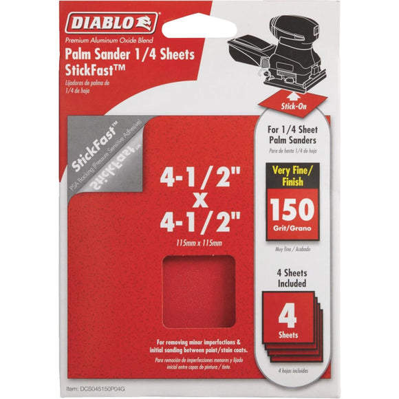 Diablo StickFast 150 Grit 4-1/2 In. x 4-1/2 In. 1/4 Palm Sander Power Sanding Sheet (4-Pack)