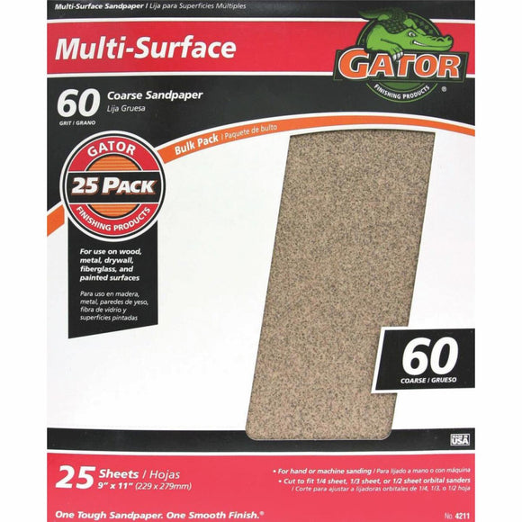 Gator Multi-Surface 9 In. x 11 In. 60 Grit Coarse Sandpaper (25-Pack)