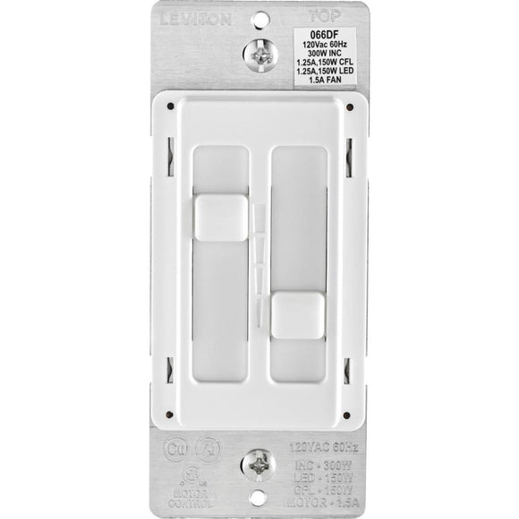 Leviton Decora SureSlide Fan & Incandescent/LED/CFL Light White Slide Dimmer Switch